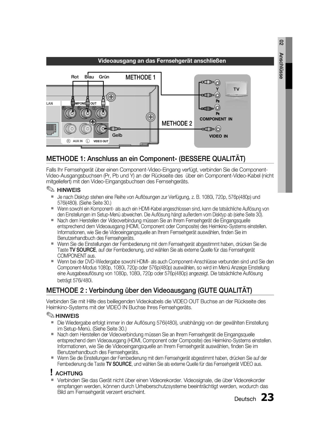 Samsung HT-C6500/XEN Methode 1 Anschluss an ein Component- Bessere Qualität, Videoausgang an das Fernsehgerät anschließen 