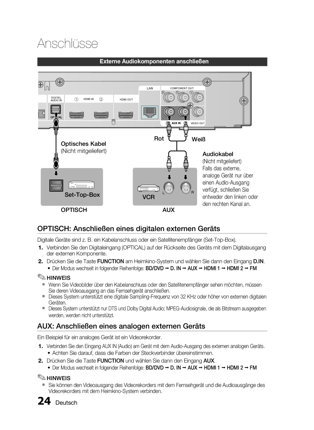 Samsung HT-C6500/EDC Optisch Anschließen eines digitalen externen Geräts, AUX Anschließen eines analogen externen Geräts 