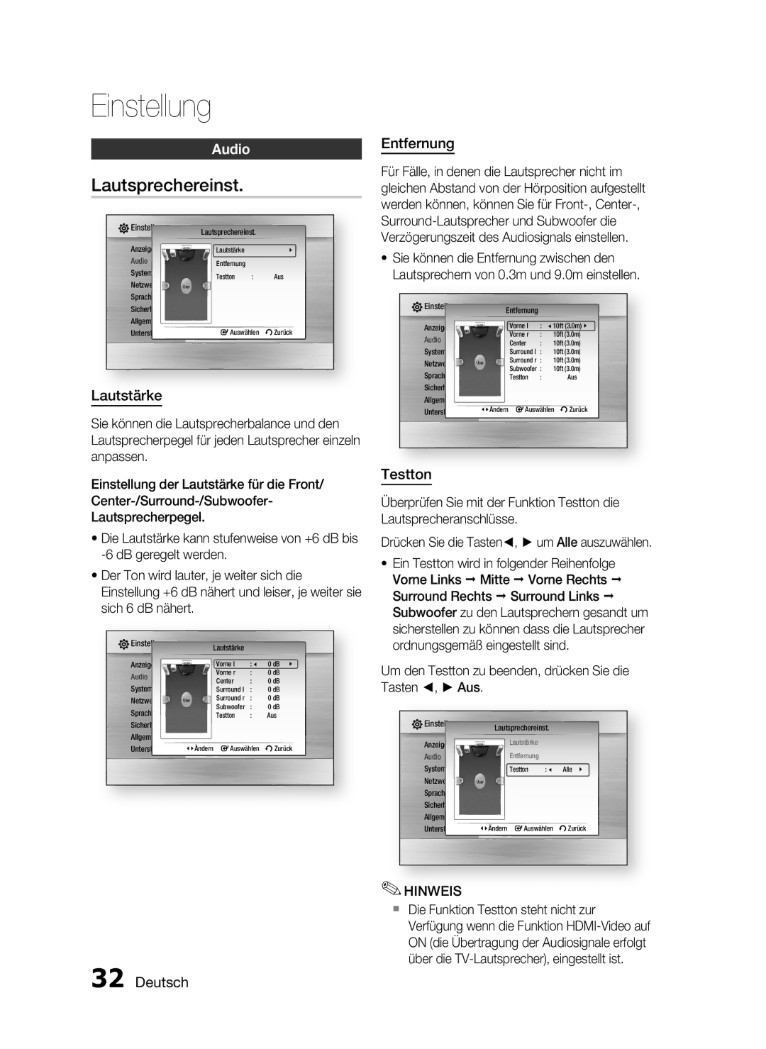 Samsung HT-C6500/EDC, HT-C6500/XEN manual Lautsprechereinst, Audio, Lautstärke, Entfernung, Testton 