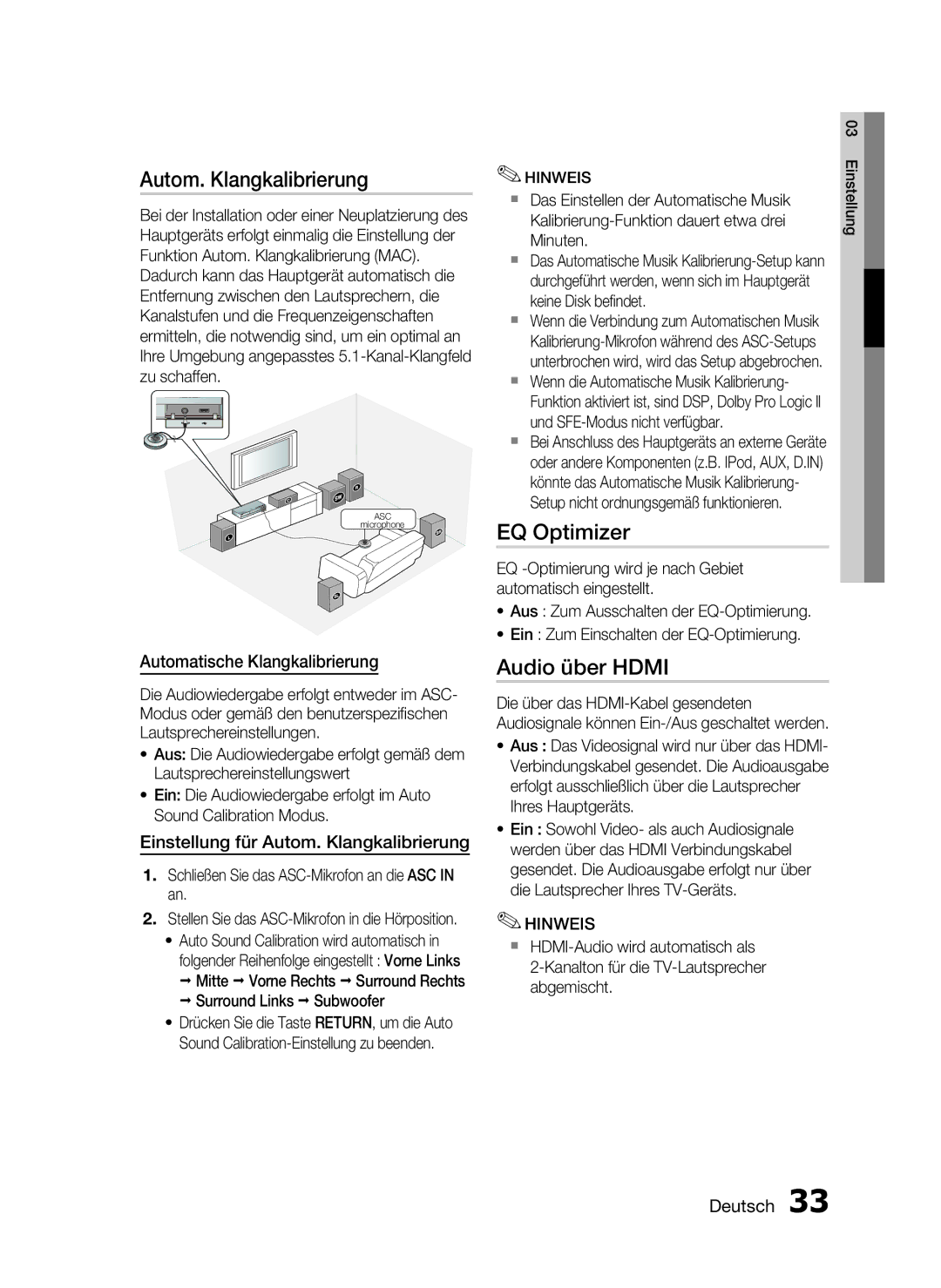 Samsung HT-C6500/XEN, HT-C6500/EDC Autom. Klangkalibrierung, EQ Optimizer, Audio über Hdmi, Automatische Klangkalibrierung 