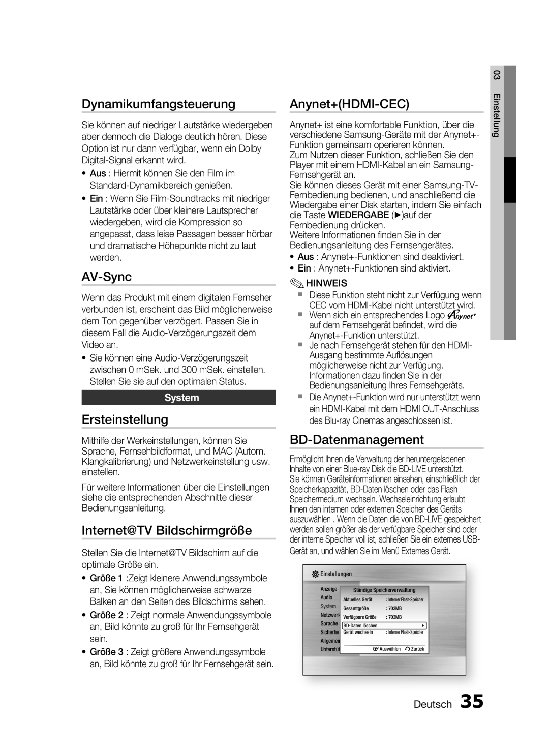 Samsung HT-C6500/XEN manual Dynamikumfangsteuerung, AV-Sync, Ersteinstellung, Internet@TV Bildschirmgröße, Anynet+HDMI-CEC 