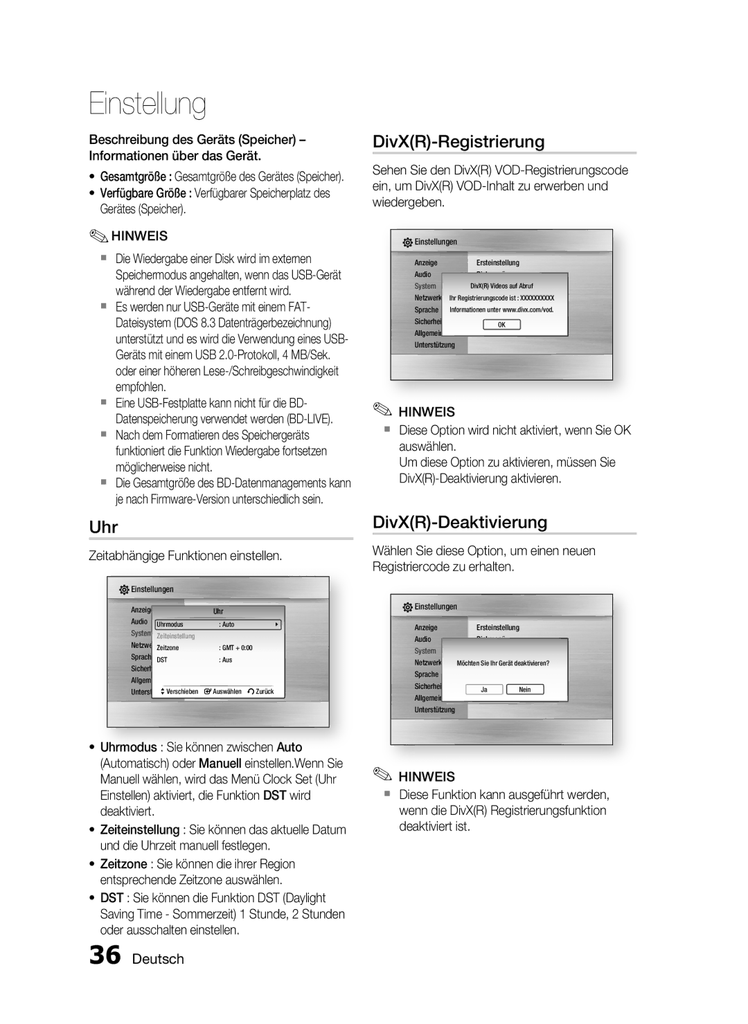 Samsung HT-C6500/EDC, HT-C6500/XEN manual Uhr, DivXR-Registrierung, DivXR-Deaktivierung, Zeitabhängige Funktionen einstellen 