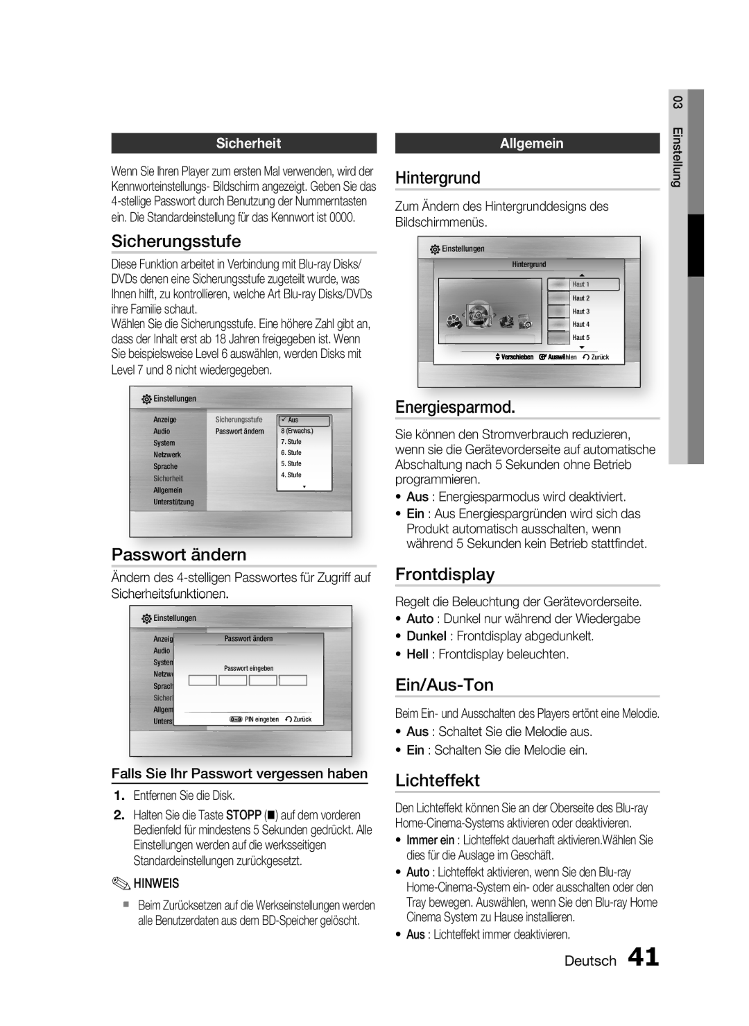 Samsung HT-C6500/XEN Sicherungsstufe, Passwort ändern, Hintergrund, Energiesparmod, Frontdisplay, Ein/Aus-Ton, Lichteffekt 