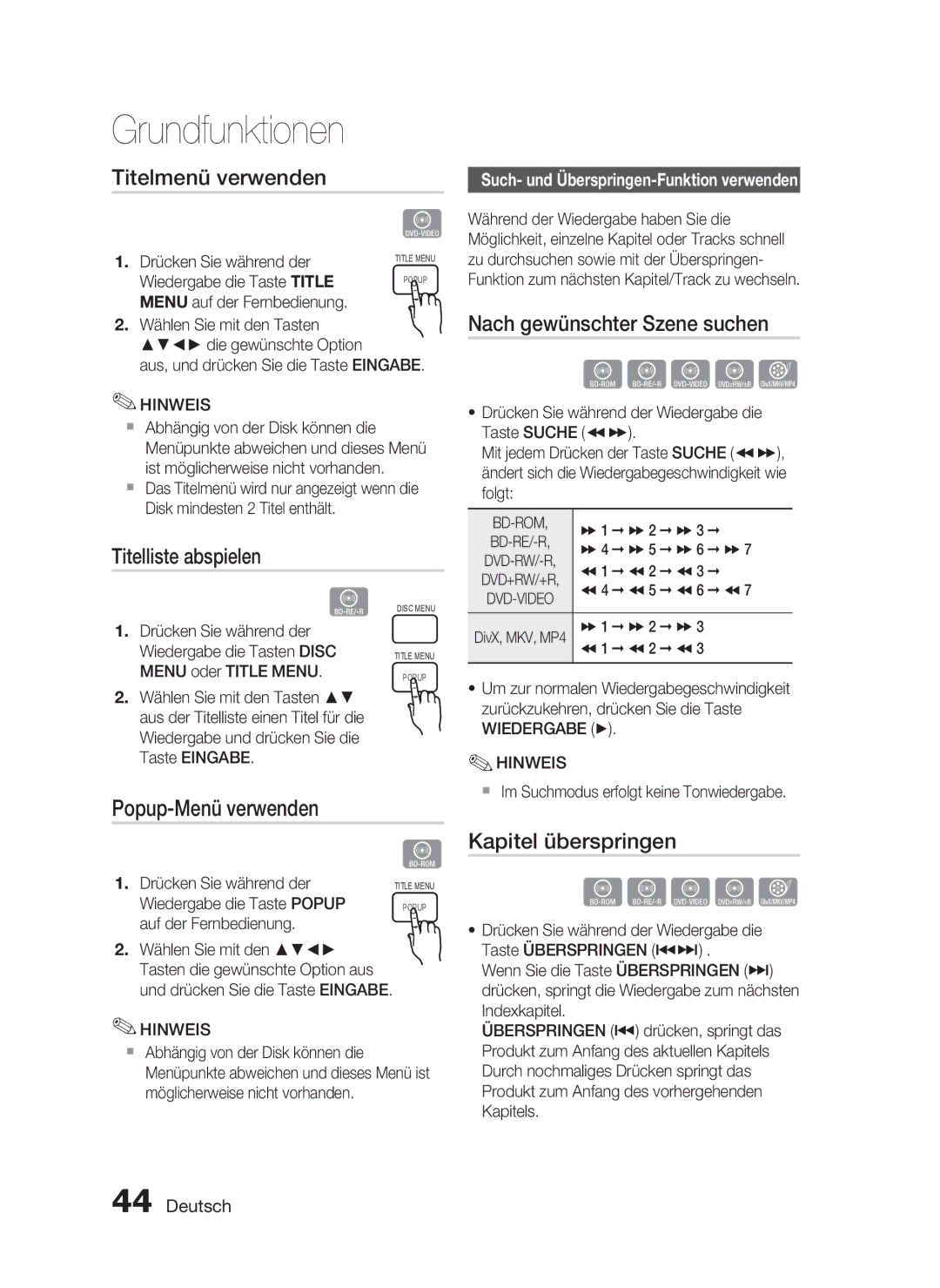 Samsung HT-C6500/EDC manual Titelmenü verwenden, Titelliste abspielen, Popup-Menü verwenden, Nach gewünschter Szene suchen 