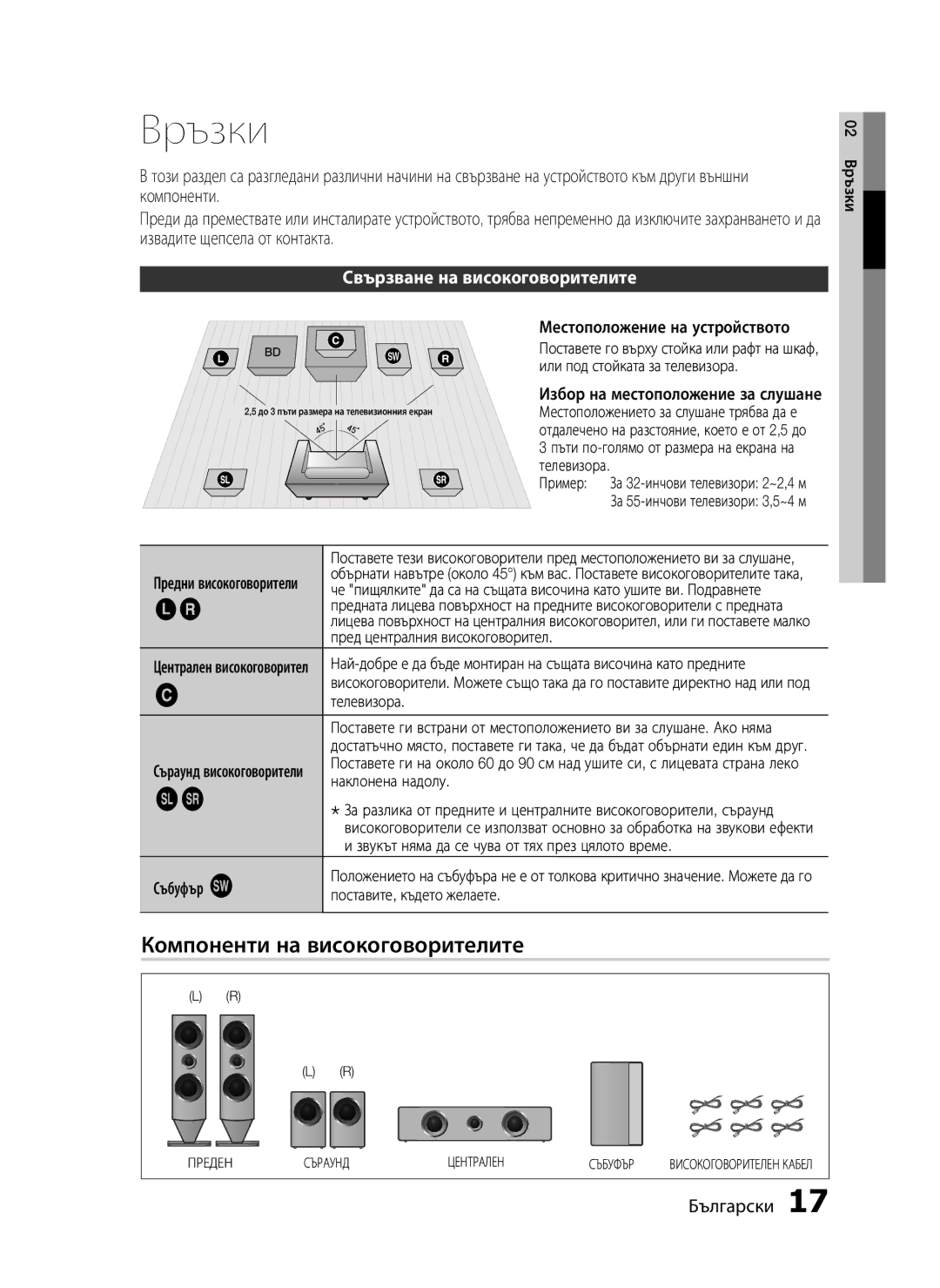 Samsung HT-C6500/EDC manual Връзки, Компоненти на високоговорителите, Свързване на високоговорителите 