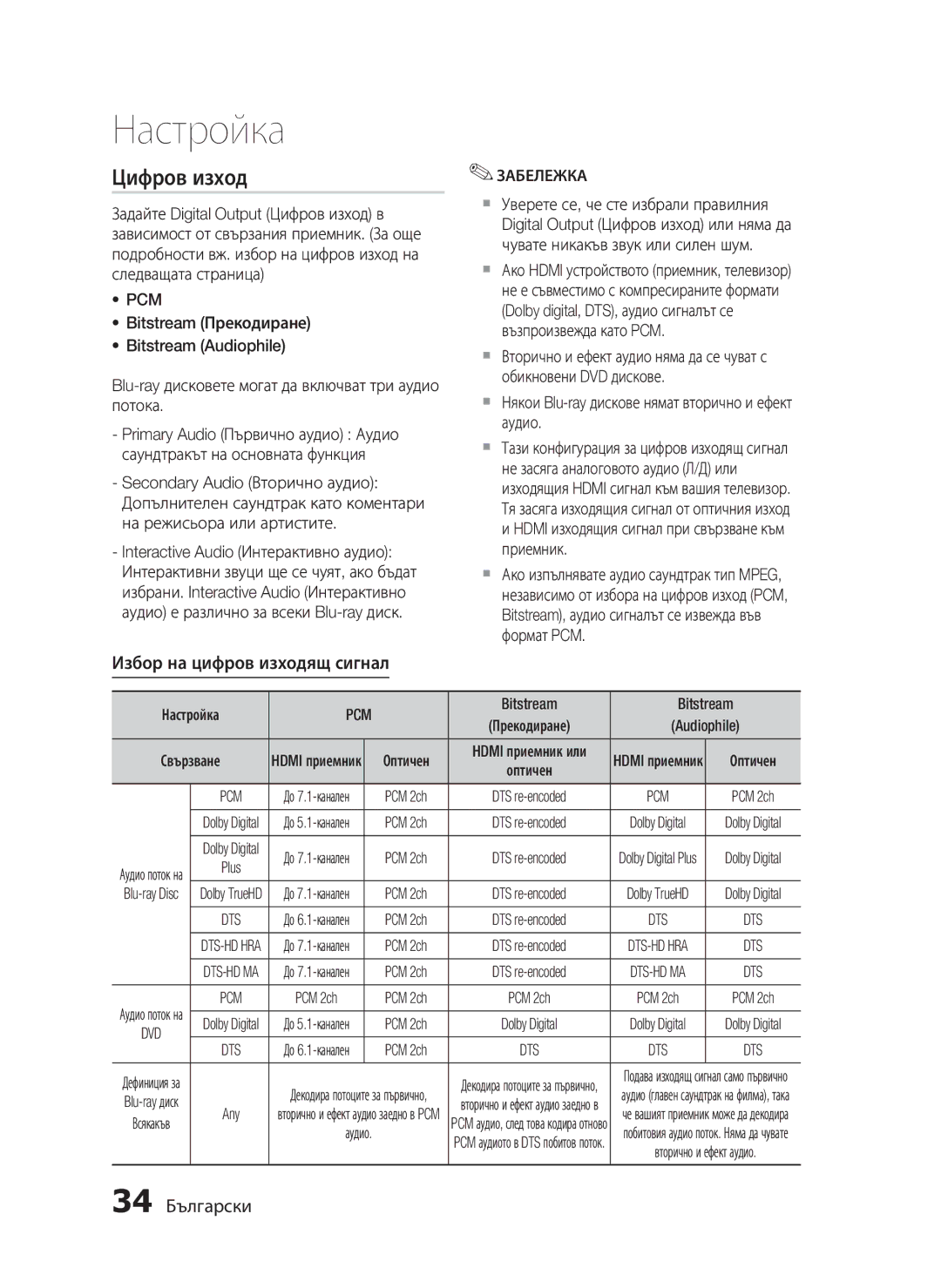 Samsung HT-C6500/EDC manual Цифров изход, Избор на цифров изходящ сигнал, 34 Български, Bitstream 