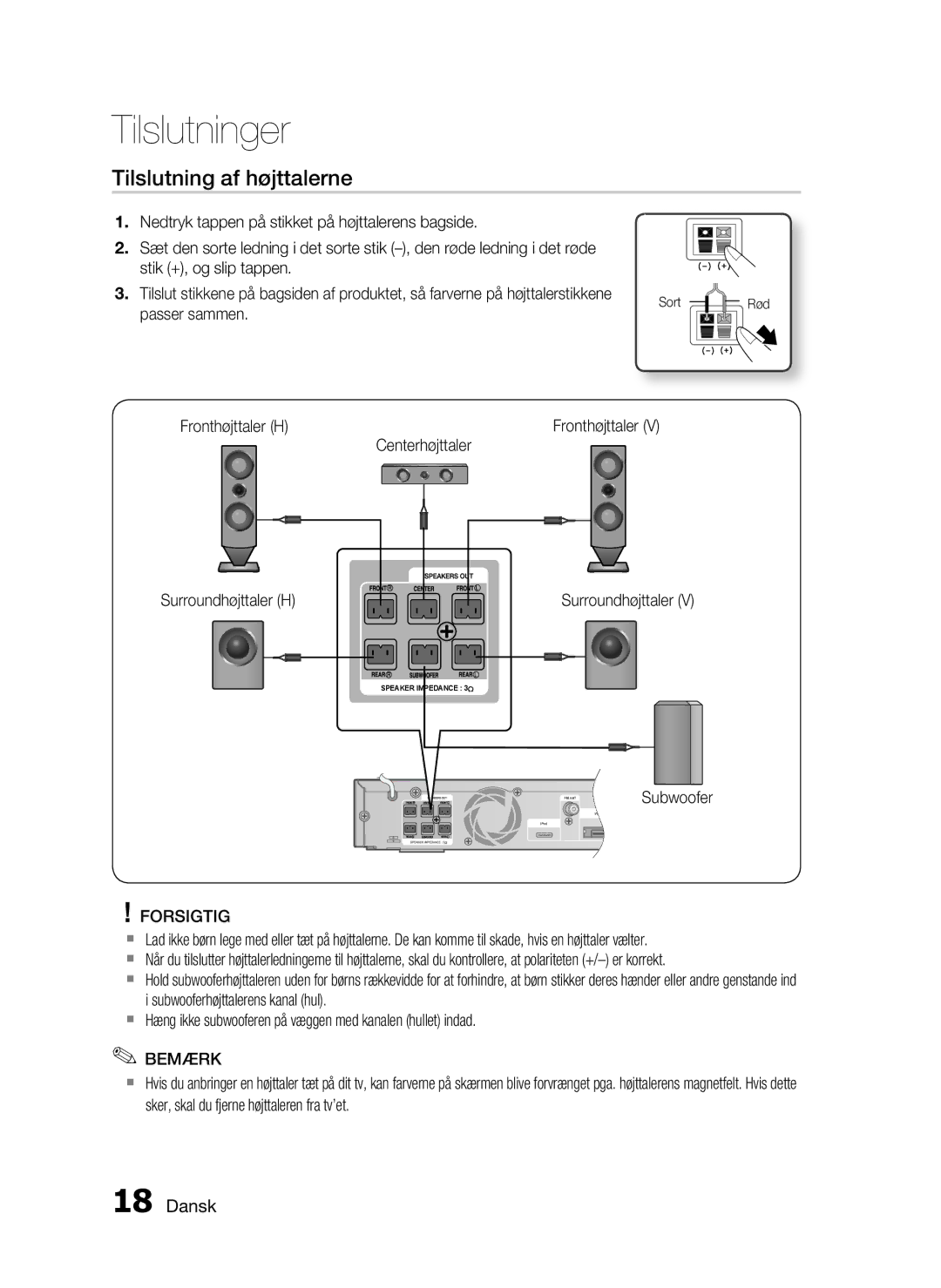 Samsung HT-C6500/XEE manual Tilslutning af højttalerne 