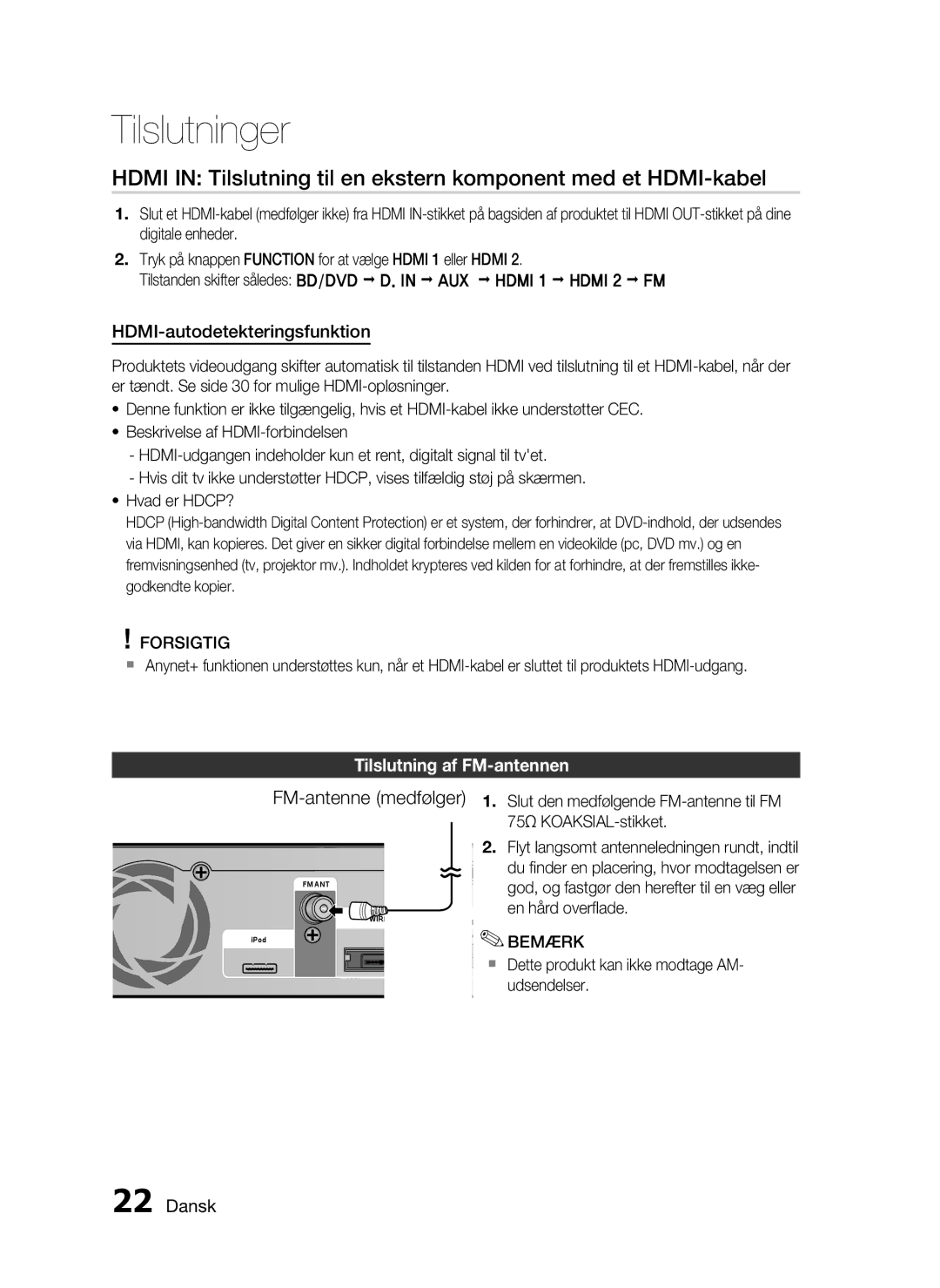 Samsung HT-C6500/XEE HDMI-autodetekteringsfunktion, Tilslutning af FM-antennen, Slut den medfølgende FM-antenne til FM 