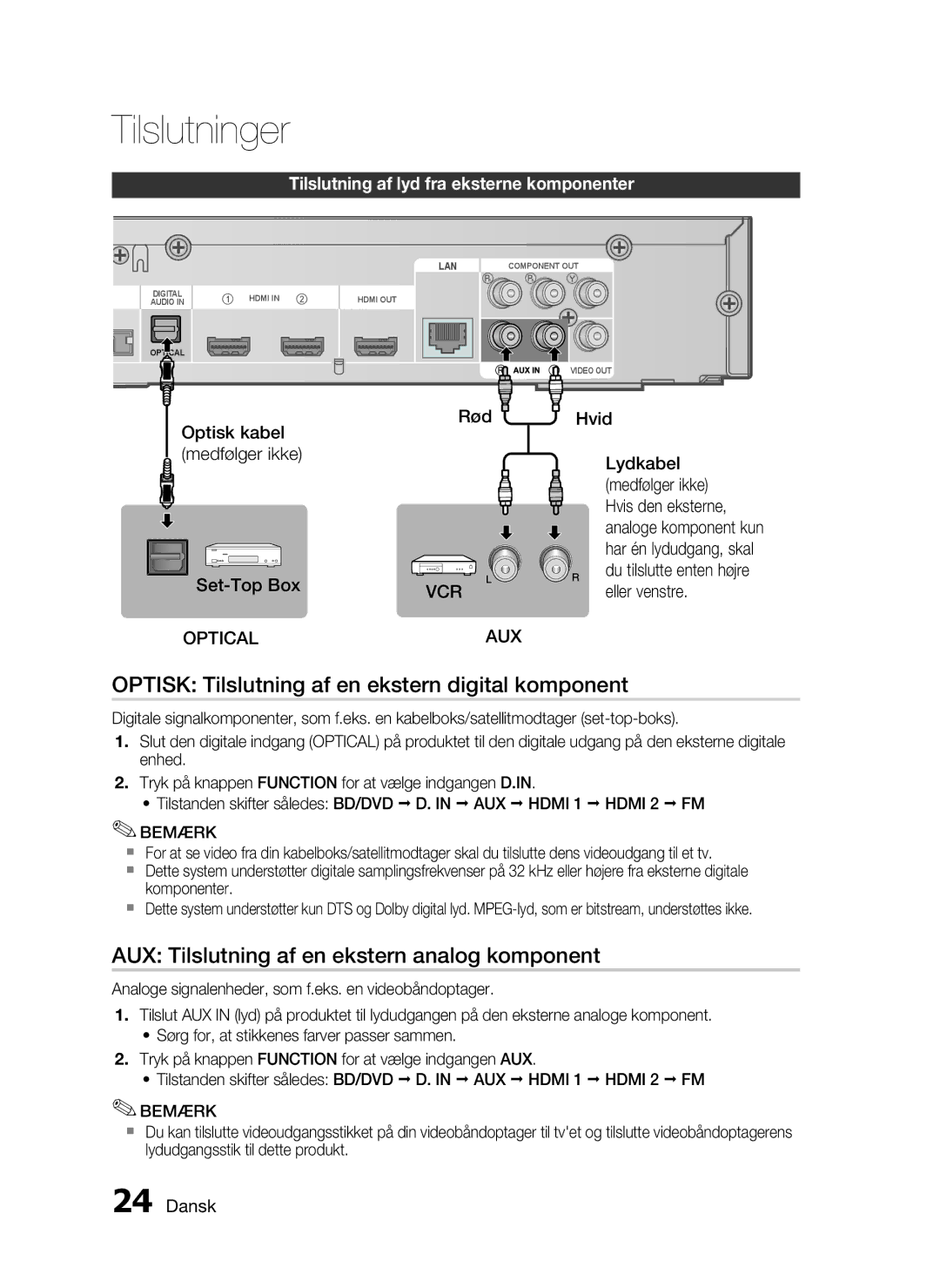 Samsung HT-C6500/XEE Optisk Tilslutning af en ekstern digital komponent, AUX Tilslutning af en ekstern analog komponent 