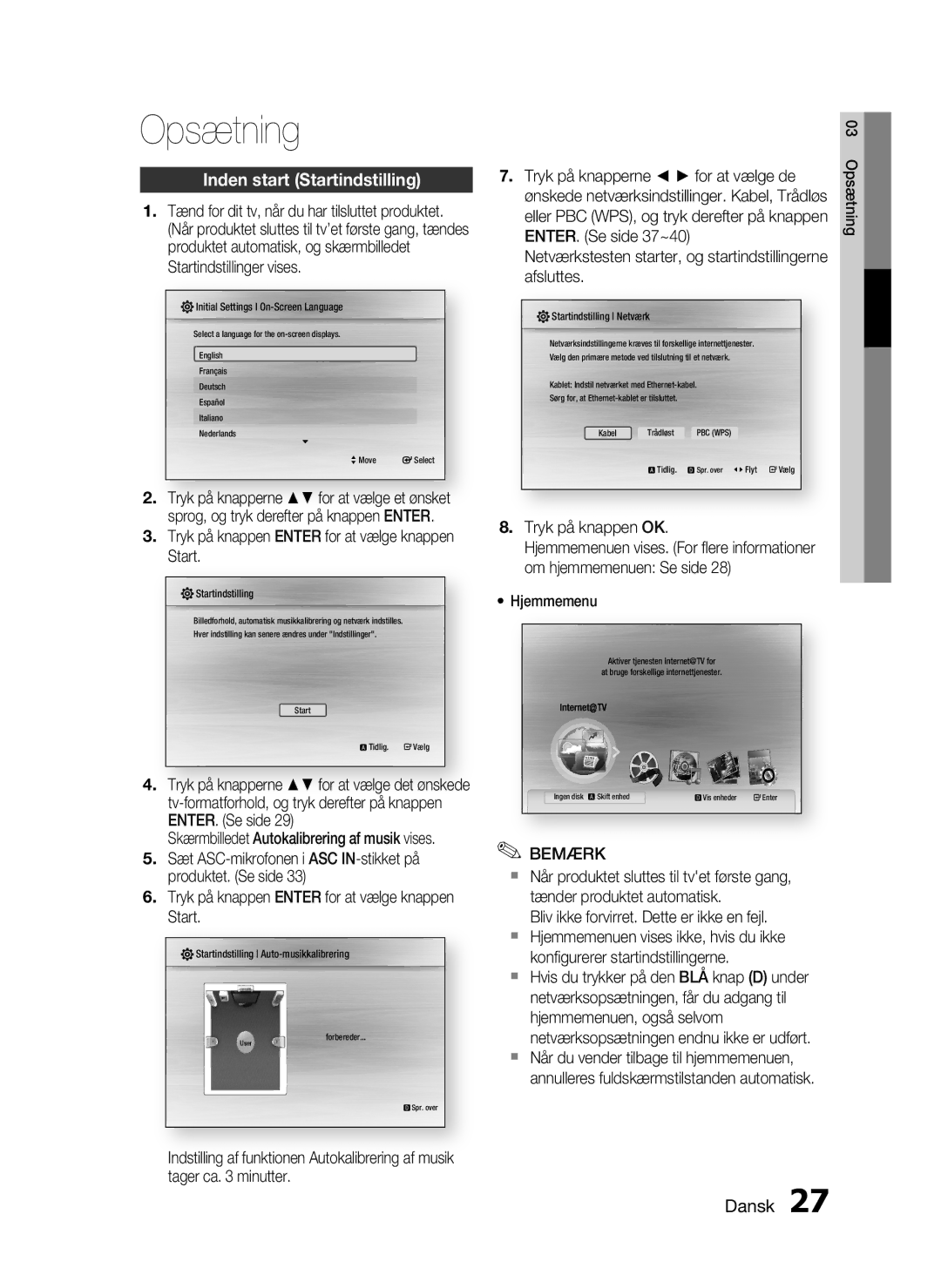 Samsung HT-C6500/XEE manual Opsætning, Inden start Startindstilling 