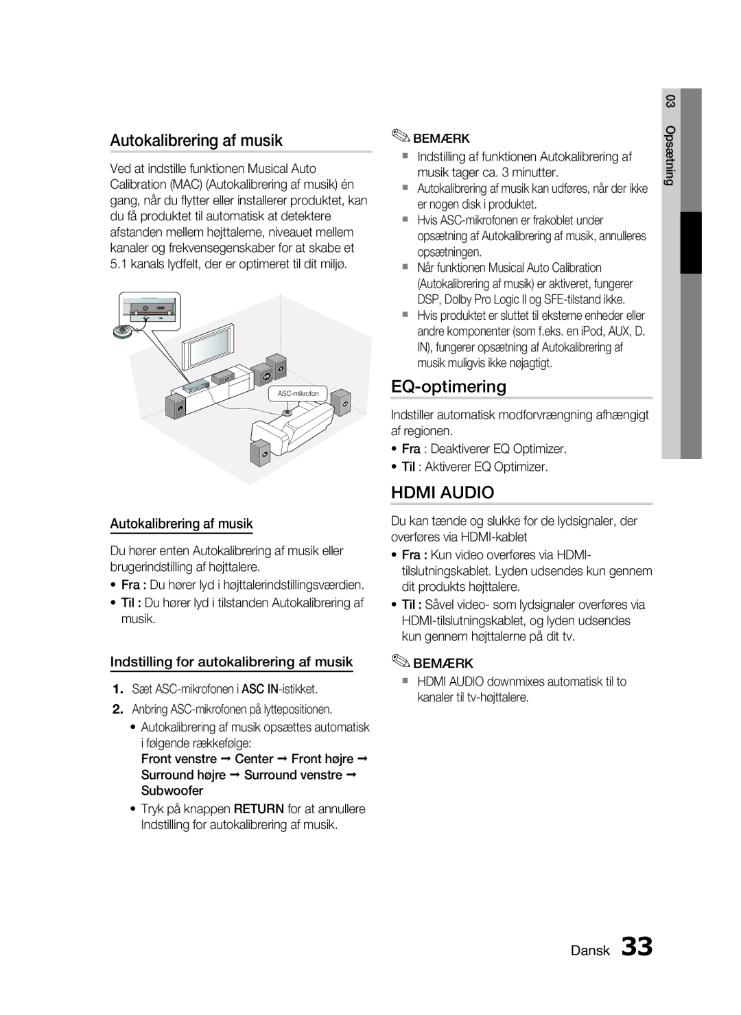 Samsung HT-C6500/XEE manual Autokalibrering af musik, EQ-optimering, Indstilling for autokalibrering af musik 