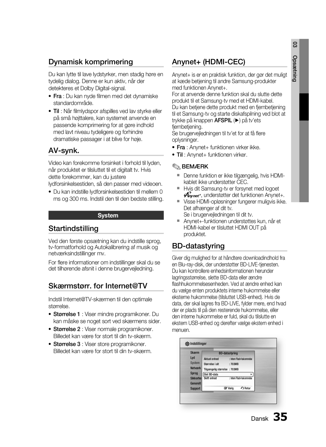 Samsung HT-C6500/XEE manual Dynamisk komprimering, AV-synk, Startindstilling, Skærmstørr. for Internet@TV, Anynet+ HDMI-CEC 