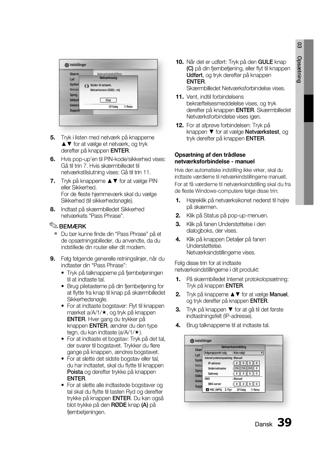 Samsung HT-C6500/XEE manual Skærmbilledet Netværksforbindelse vises, Opsætning af den trådløse netværksforbindelse manuel 