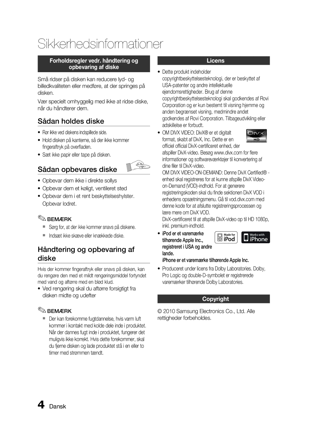 Samsung HT-C6500/XEE manual Sådan holdes diske, Sådan opbevares diske, Håndtering og opbevaring af diske 