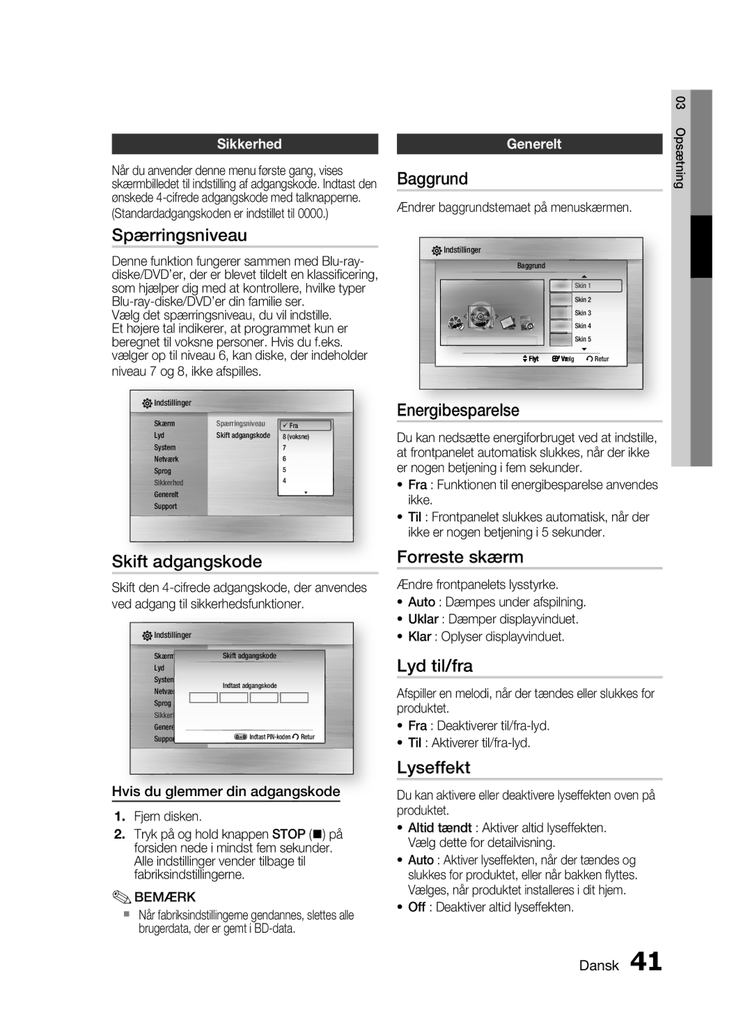 Samsung HT-C6500/XEE manual Spærringsniveau, Skift adgangskode, Baggrund, Energibesparelse, Forreste skærm, Lyd til/fra 