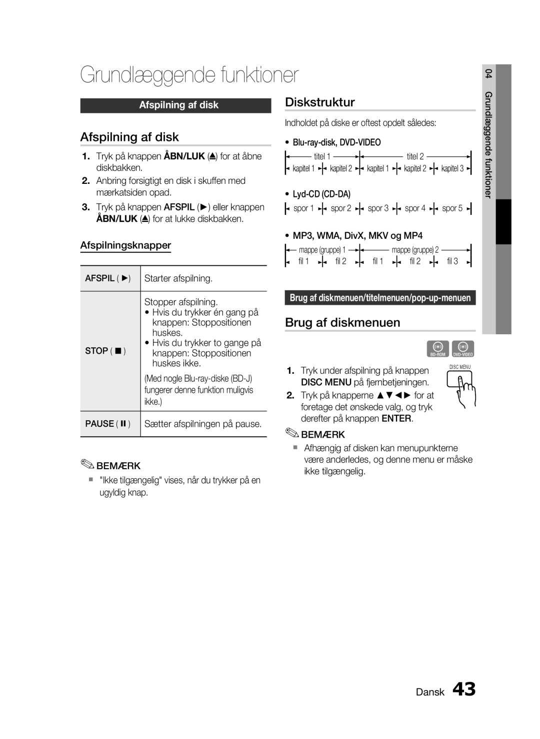 Samsung HT-C6500/XEE manual Grundlæggende funktioner, Afspilning af disk, Diskstruktur, Brug af diskmenuen 