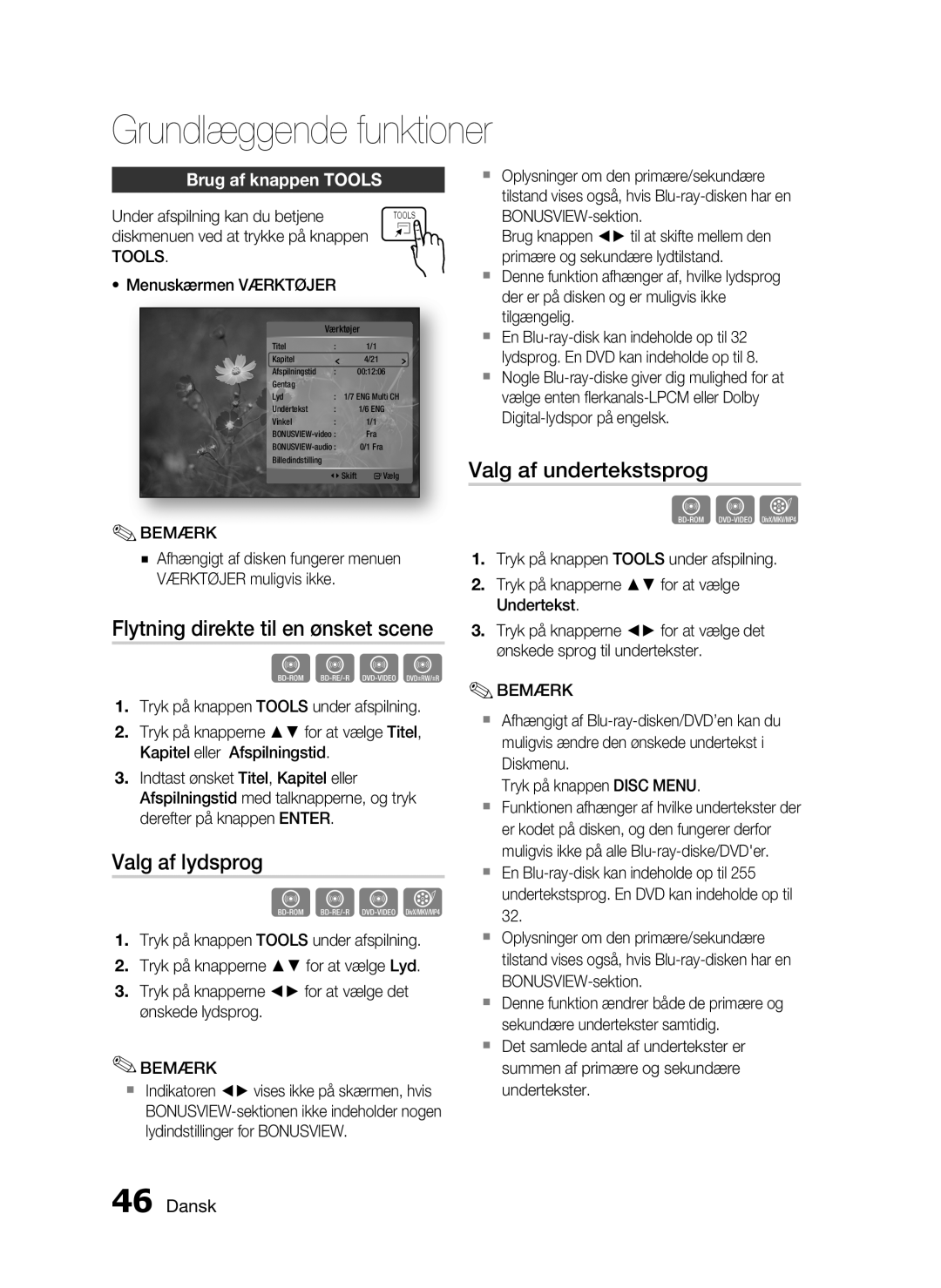 Samsung HT-C6500/XEE manual Flytning direkte til en ønsket scene, Valg af lydsprog, Valg af undertekstsprog, Tools 