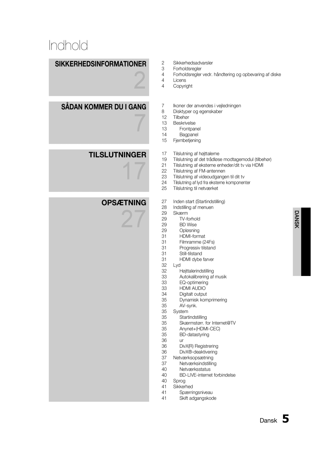 Samsung HT-C6500/XEE manual Indhold, Sikkerhedsinformationer 