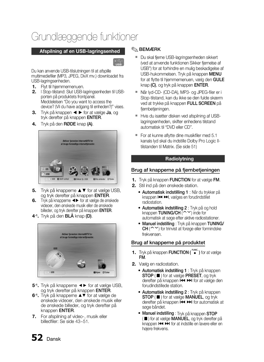 Samsung HT-C6500/XEE manual Afspilning af en USB-lagringsenhed, Radiolytning, Brug af knapperne på fjernbetjeningen 