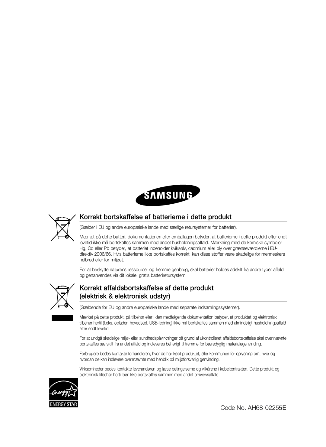 Samsung HT-C6500/XEE manual Korrekt bortskaffelse af batterierne i dette produkt 