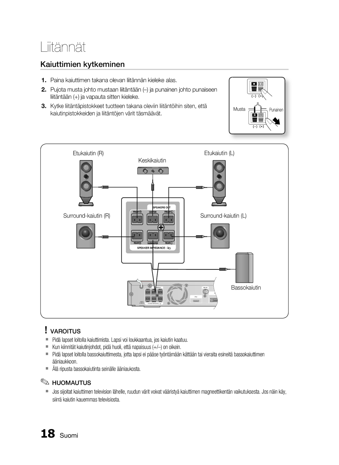 Samsung HT-C6500/XEE manual Kaiuttimien kytkeminen 