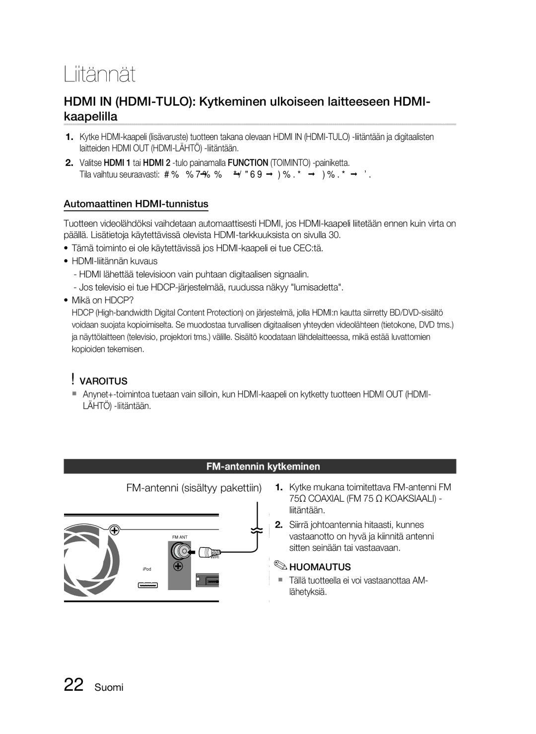 Samsung HT-C6500/XEE manual Automaattinen HDMI-tunnistus, FM-antennin kytkeminen, FM-antenni sisältyy pakettiin 