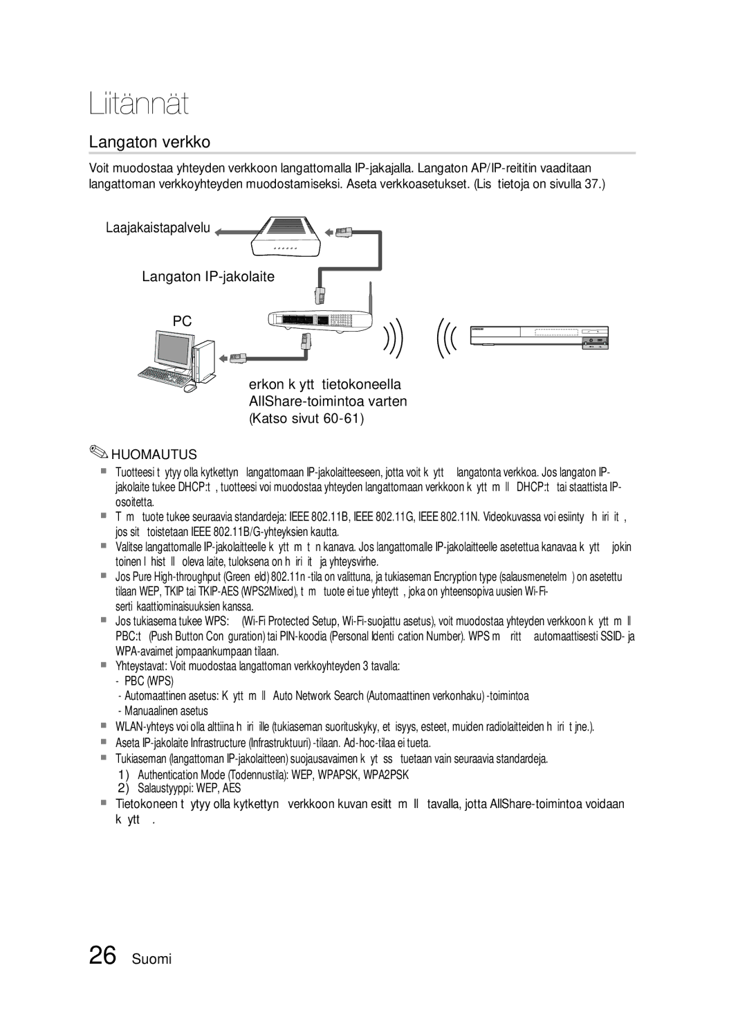 Samsung HT-C6500/XEE manual Langaton verkko, Pbc Wps 