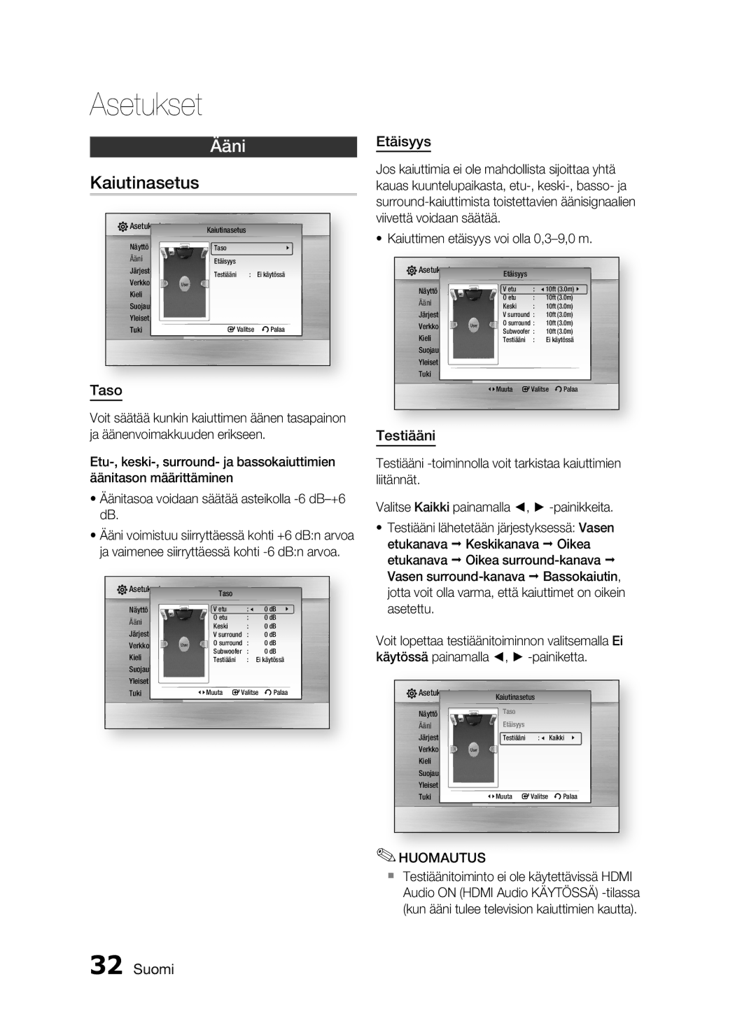 Samsung HT-C6500/XEE manual Kaiutinasetus, Taso, Etäisyys, Testiääni 