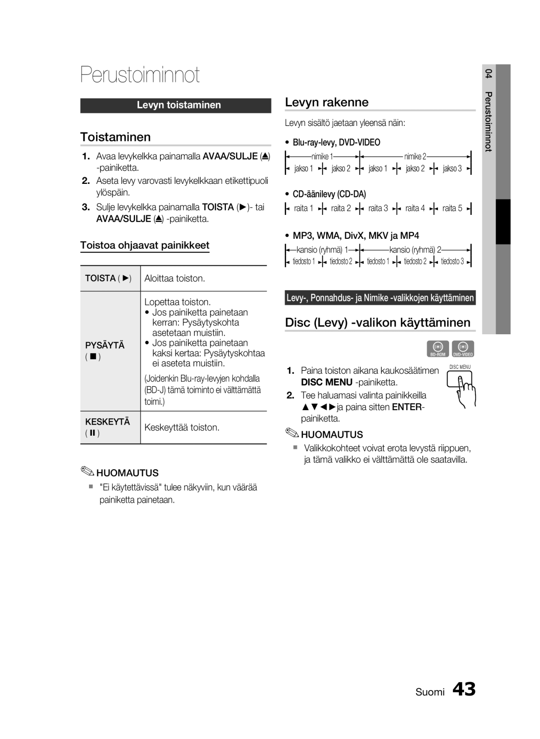 Samsung HT-C6500/XEE manual Perustoiminnot, Toistaminen, Levyn rakenne, Disc Levy -valikon käyttäminen, Levyn toistaminen 