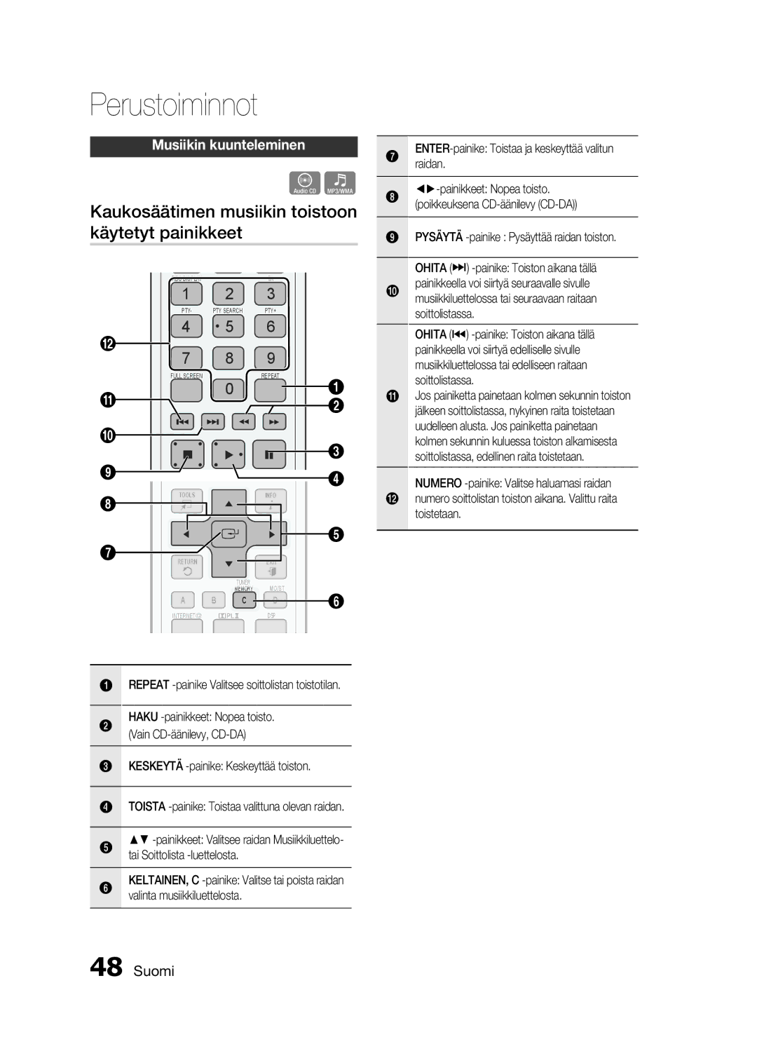Samsung HT-C6500/XEE manual Kaukosäätimen musiikin toistoon käytetyt painikkeet, Musiikin kuunteleminen 