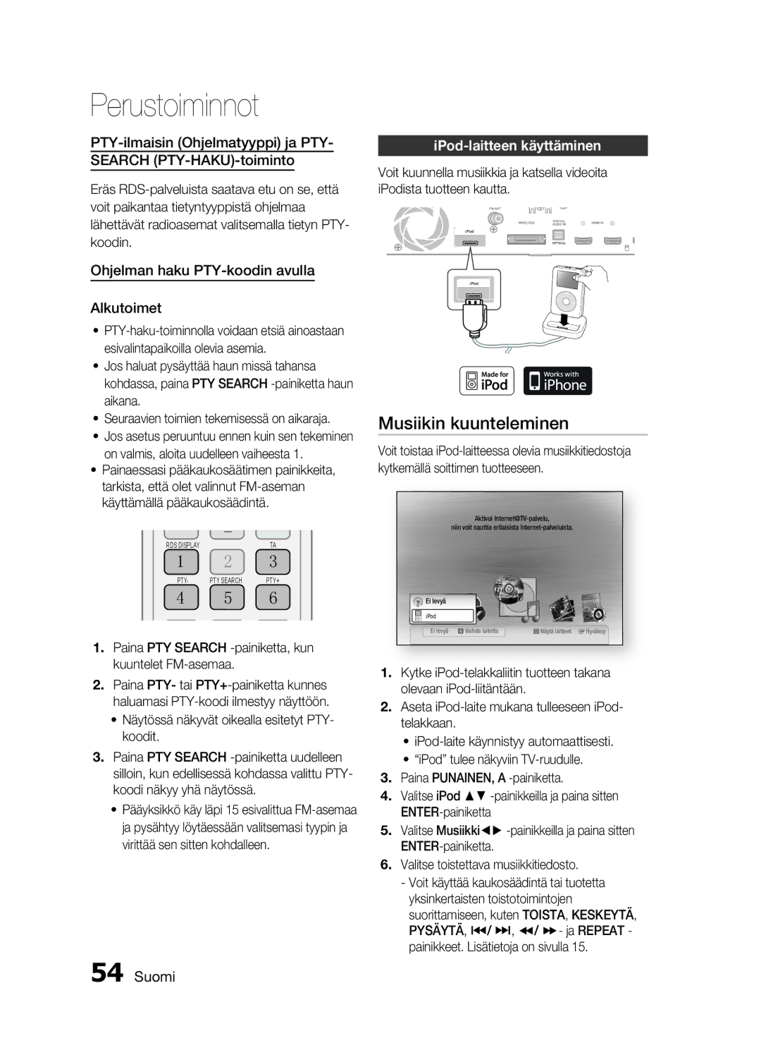 Samsung HT-C6500/XEE manual Musiikin kuunteleminen, PTY-ilmaisin Ohjelmatyyppi ja PTY Search PTY-HAKU-toiminto 