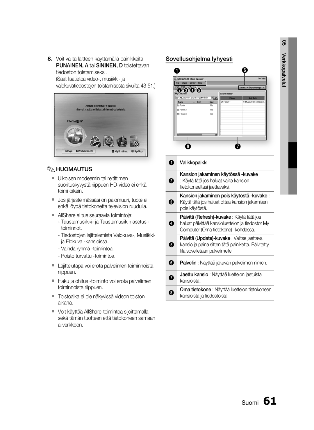Samsung HT-C6500/XEE manual Sovellusohjelma lyhyesti, Valikkopalkki Kansion jakaminen käytössä -kuvake 