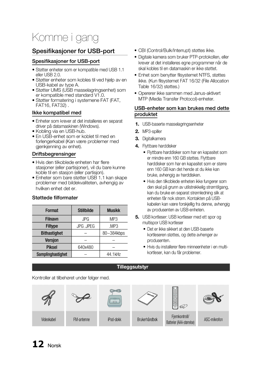 Samsung HT-C6500/XEE manual Spesiﬁkasjoner for USB-port, Tilleggsutstyr 