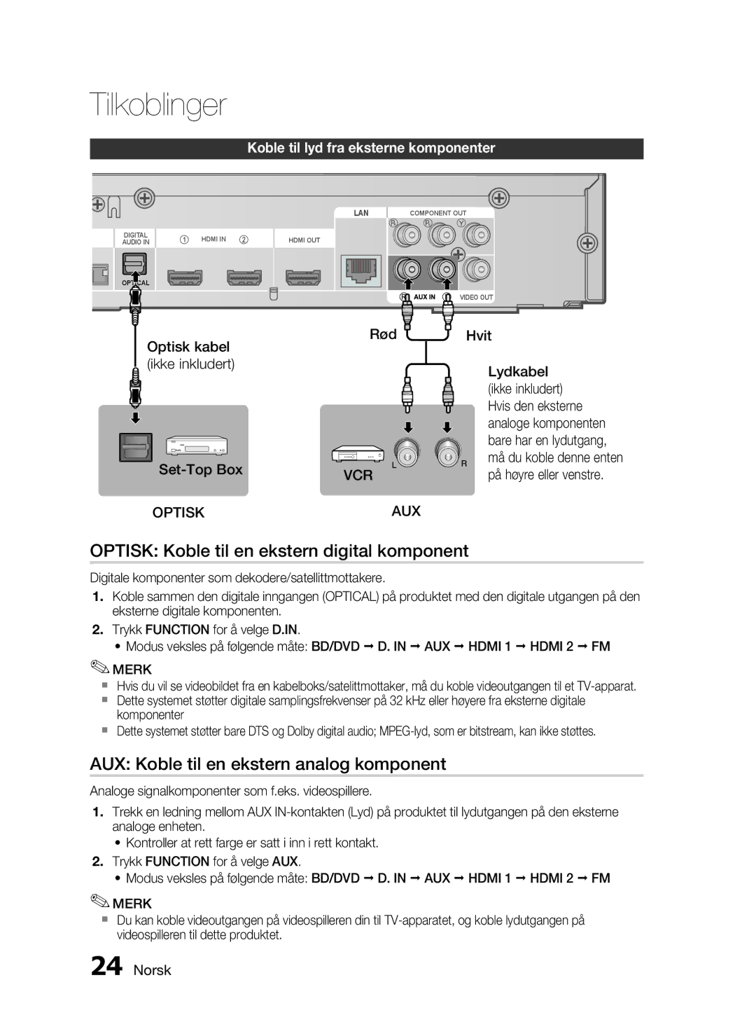 Samsung HT-C6500/XEE manual Optisk Koble til en ekstern digital komponent, AUX Koble til en ekstern analog komponent 