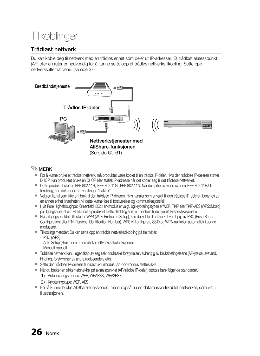 Samsung HT-C6500/XEE manual Trådløst nettverk, Pbc Wps 