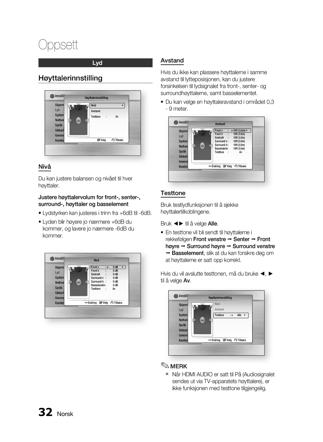 Samsung HT-C6500/XEE manual Høyttalerinnstilling, Lyd, Nivå, Avstand, Testtone 