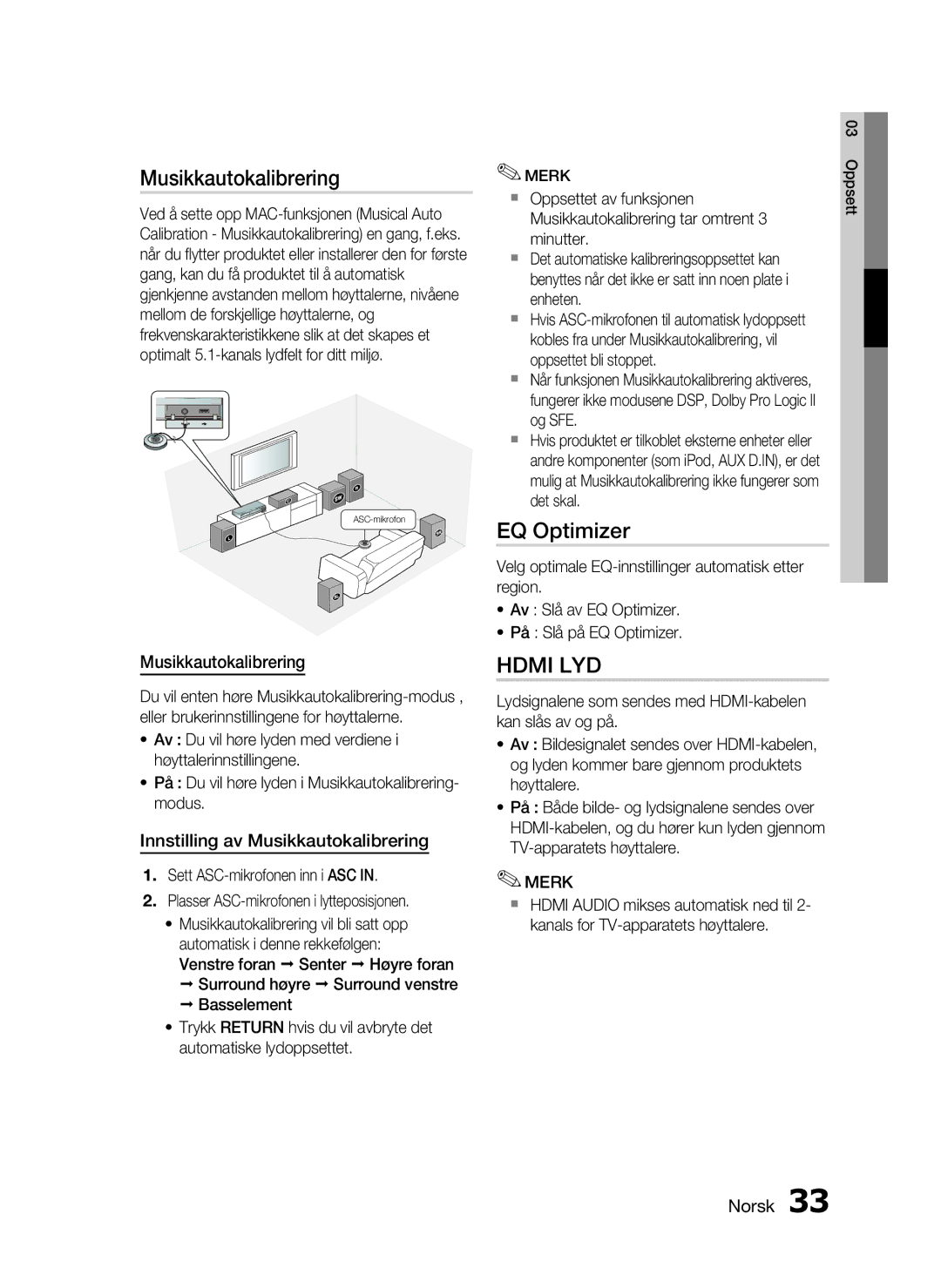 Samsung HT-C6500/XEE manual EQ Optimizer, Innstilling av Musikkautokalibrering 