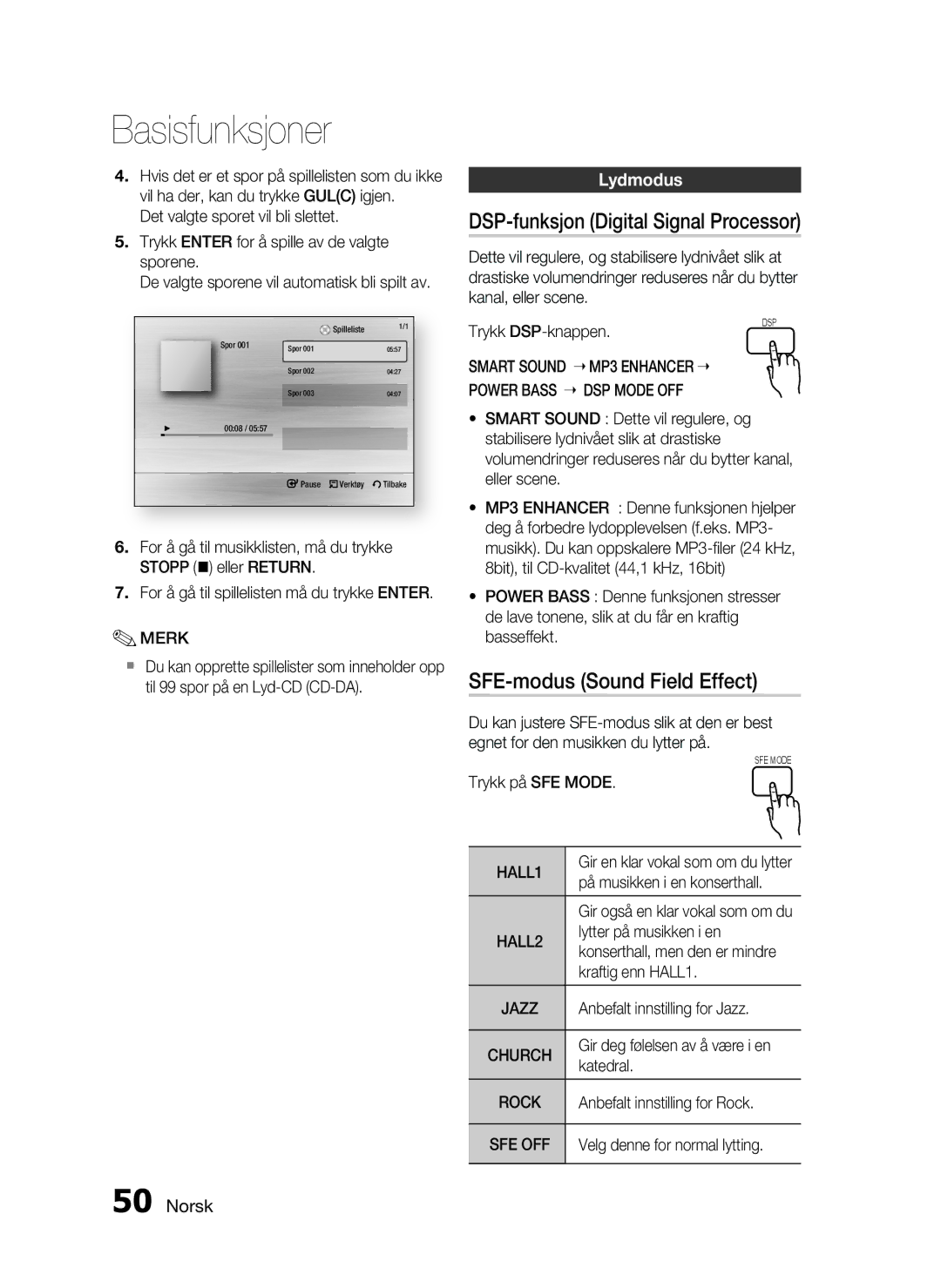 Samsung HT-C6500/XEE manual DSP-funksjon Digital Signal Processor, SFE-modus Sound Field Effect, Lydmodus 