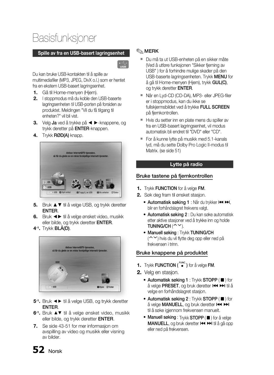 Samsung HT-C6500/XEE manual Lytte på radio, Bruke tastene på fjernkontrollen, Bruke knappene på produktet 