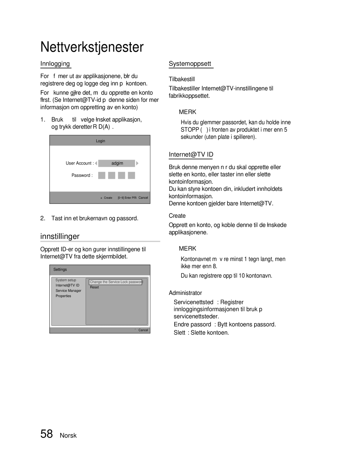 Samsung HT-C6500/XEE manual Innstillinger, Innlogging, Systemoppsett, Internet@TV ID 