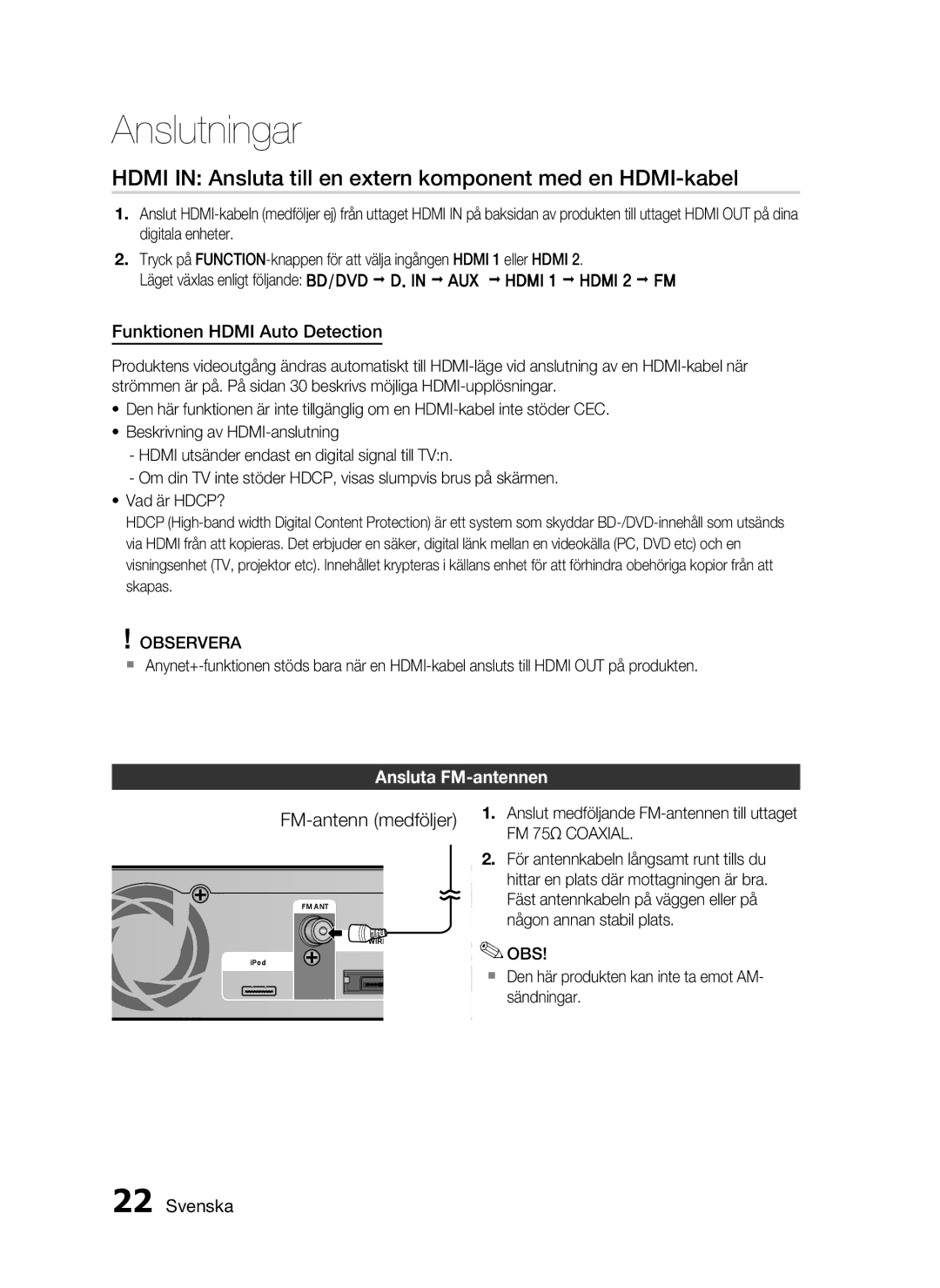 Samsung HT-C6500/XEE manual Hdmi in Ansluta till en extern komponent med en HDMI-kabel, Funktionen Hdmi Auto Detection 