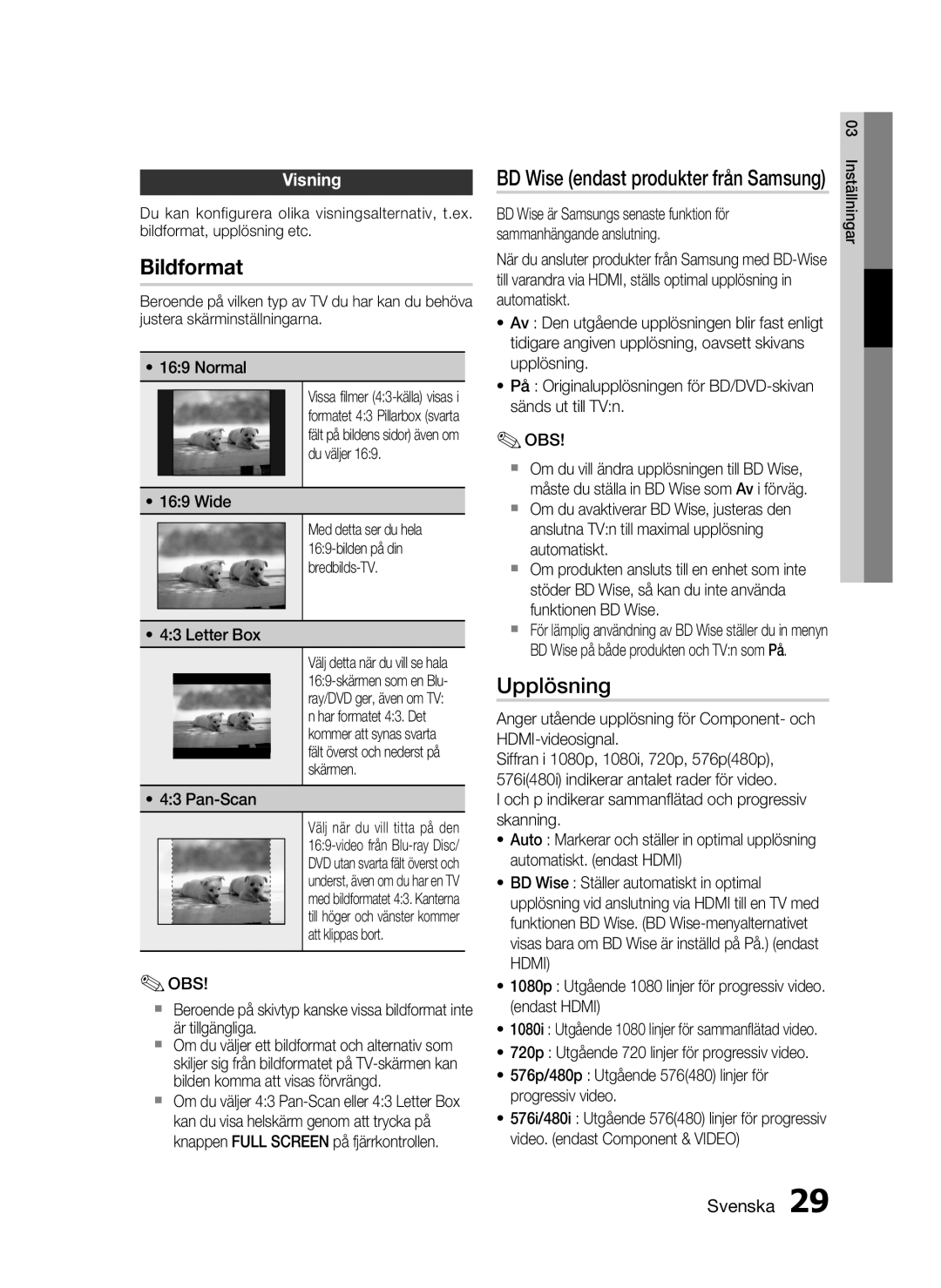 Samsung HT-C6500/XEE manual Upplösning, Visning, BD Wise endast produkter från Samsung 