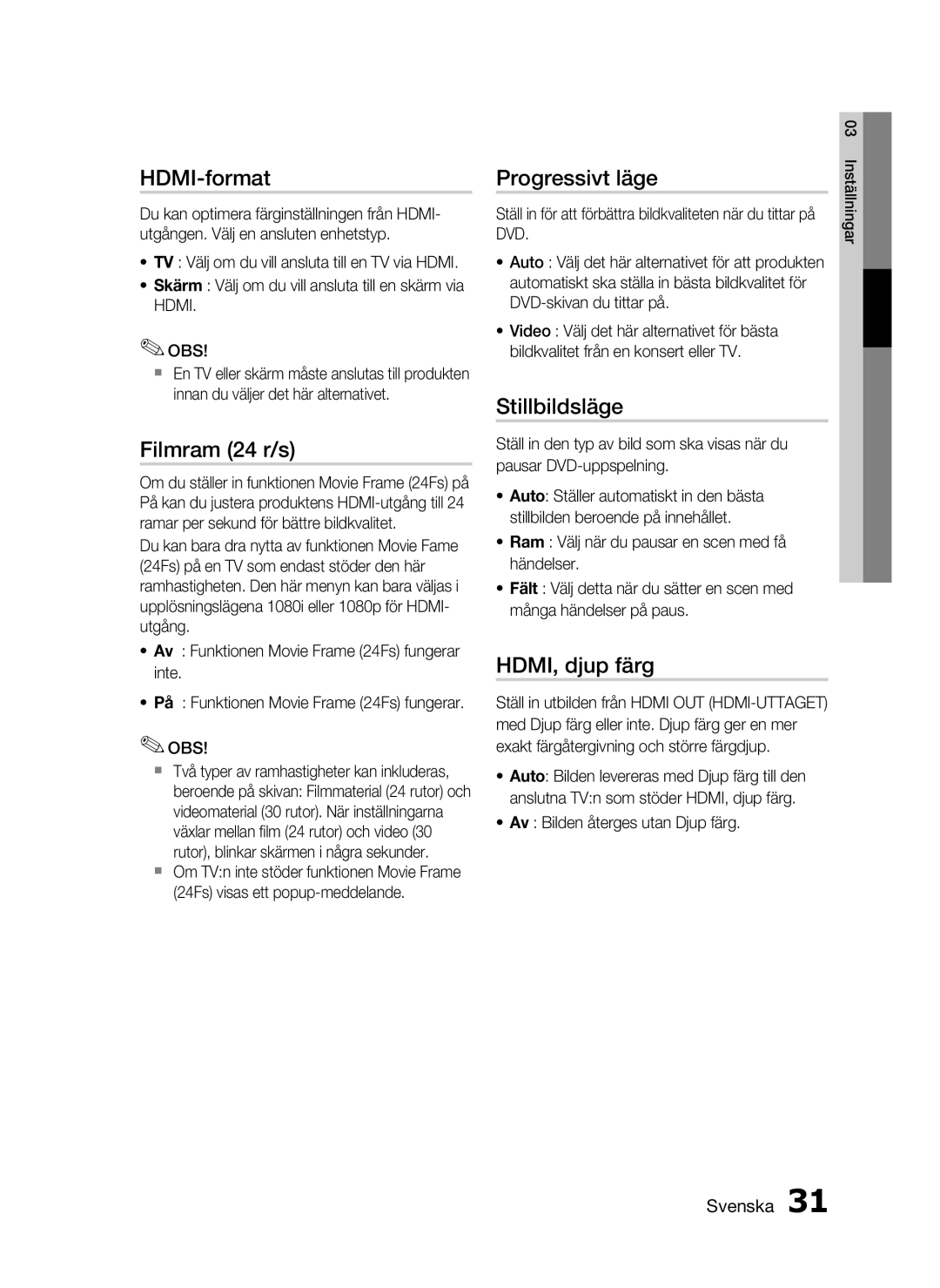 Samsung HT-C6500/XEE manual HDMI-format, Filmram 24 r/s, Progressivt läge, Stillbildsläge, HDMI, djup färg 