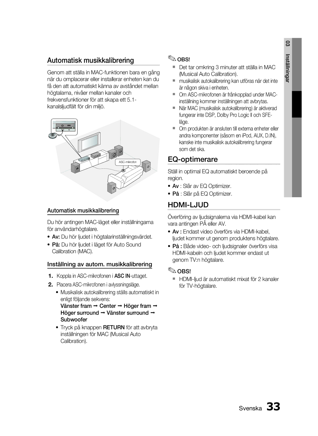 Samsung HT-C6500/XEE manual Automatisk musikkalibrering, EQ-optimerare, Inställning av autom. musikkalibrering 