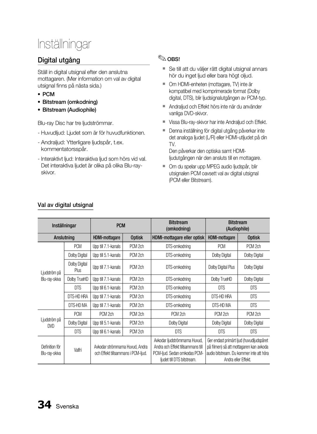 Samsung HT-C6500/XEE manual Digital utgång, Val av digital utsignal, Bitstream 