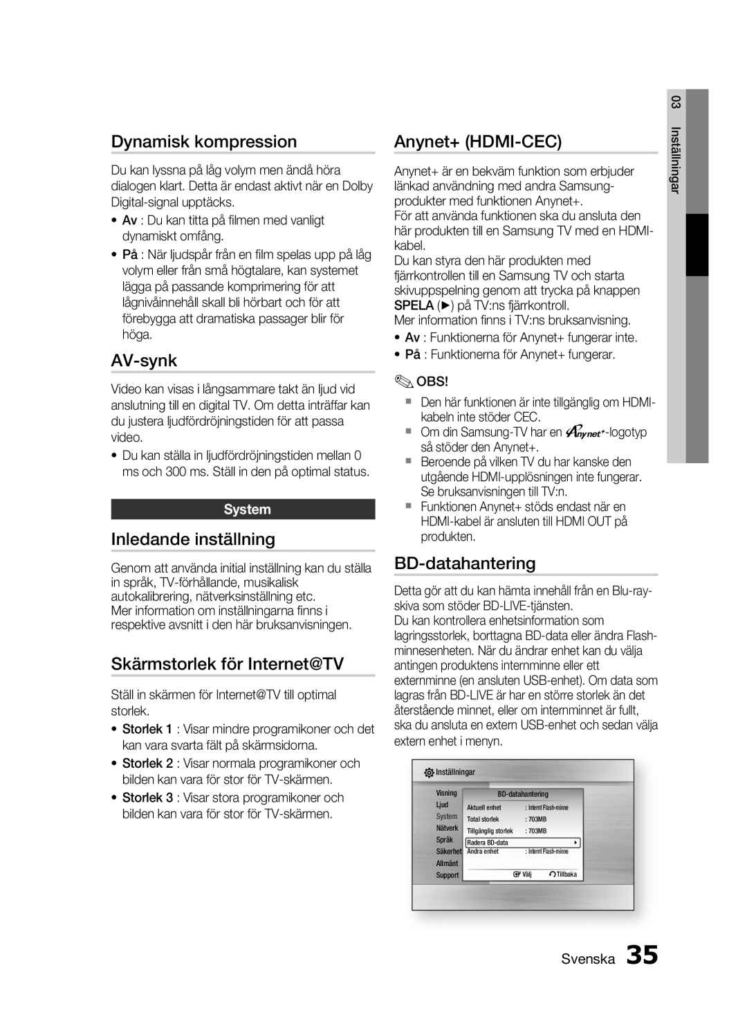 Samsung HT-C6500/XEE Dynamisk kompression, AV-synk, Inledande inställning, Skärmstorlek för Internet@TV, Anynet+ HDMI-CEC 