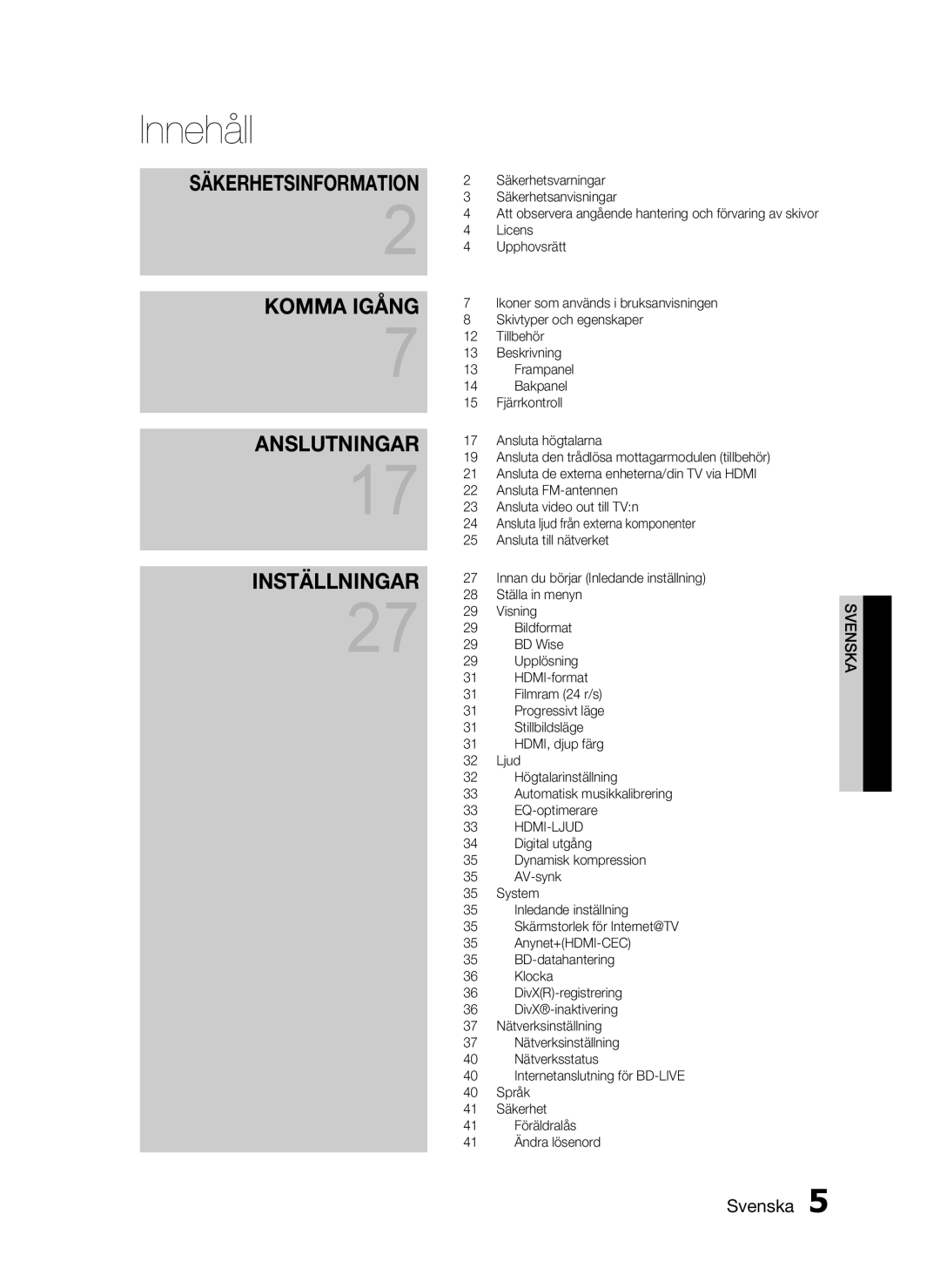 Samsung HT-C6500/XEE manual Innehåll, Säkerhetsinformation 