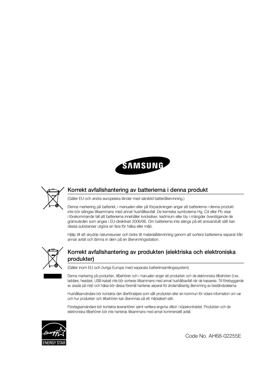 Samsung HT-C6500/XEE manual Korrekt avfallshantering av batterierna i denna produkt 