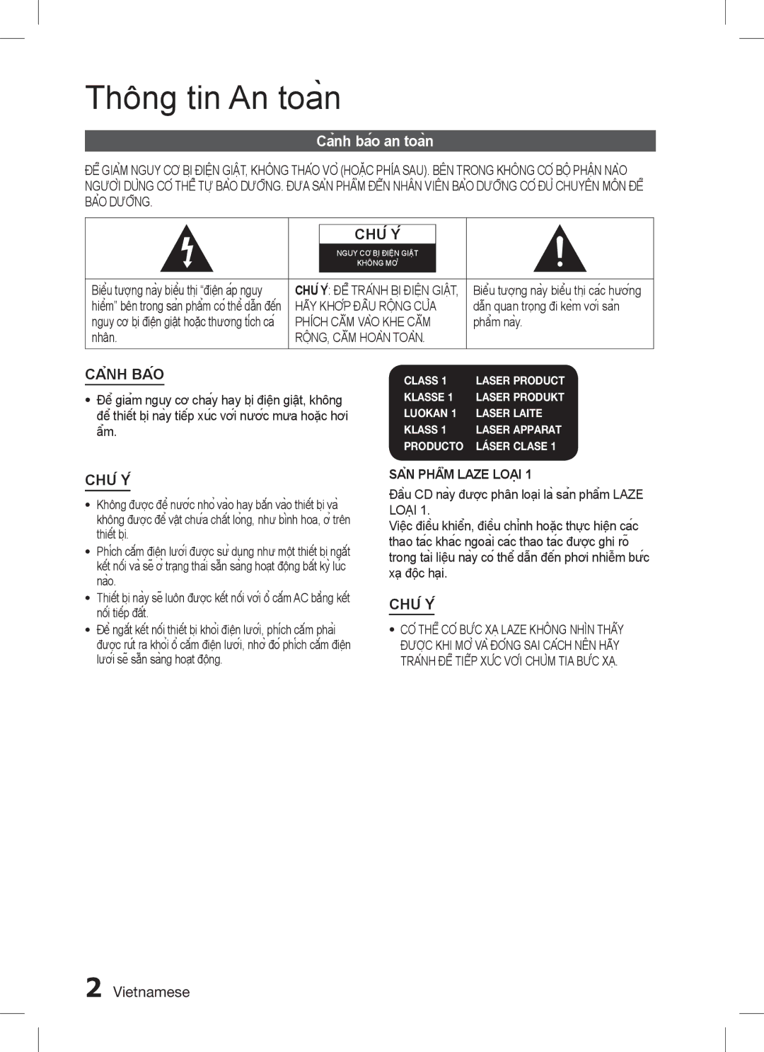 Samsung HT-C655W/XSS, HT-C555/XSS manual Thông tin An toàn, Cảnh báo an toàn, SẢN PHẨM Laze LOẠI 