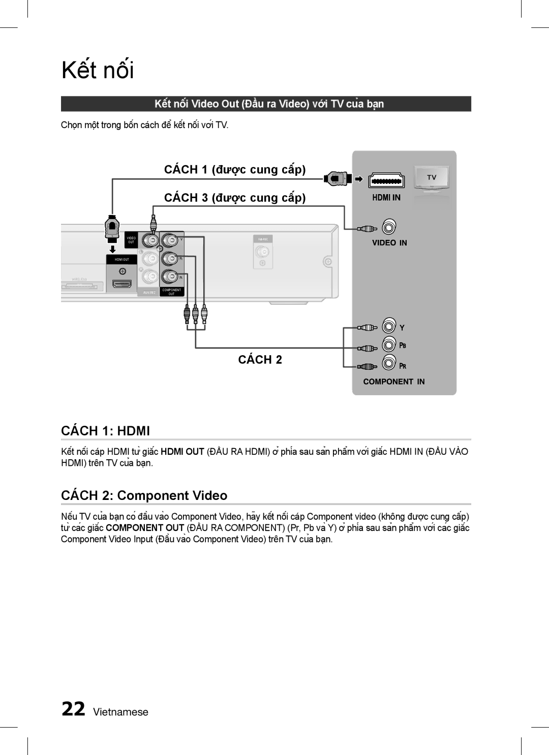 Samsung HT-C655W/XSS, HT-C555/XSS Cách 1 HDMi, Cách 2 Component Video, Kết nối Video Out Đầu ra Video với TV của bạn 